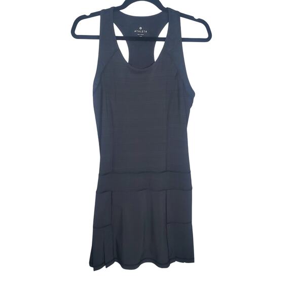 Athleta Serve It Up Tennis Dress Pleated Scoop Neck Racerback Mesh XS Black - Picture 3 of 16